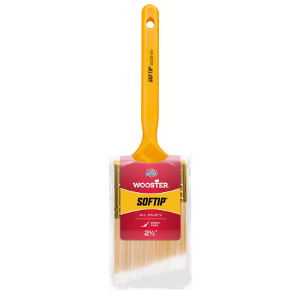 The WOOSTER Softip Paint Brush, featuring a yellow handle and premium white bristles, ensures precision. It’s labeled in red and yellow with All Paints and 2 1/2 dimensions, promising smooth application for every project.